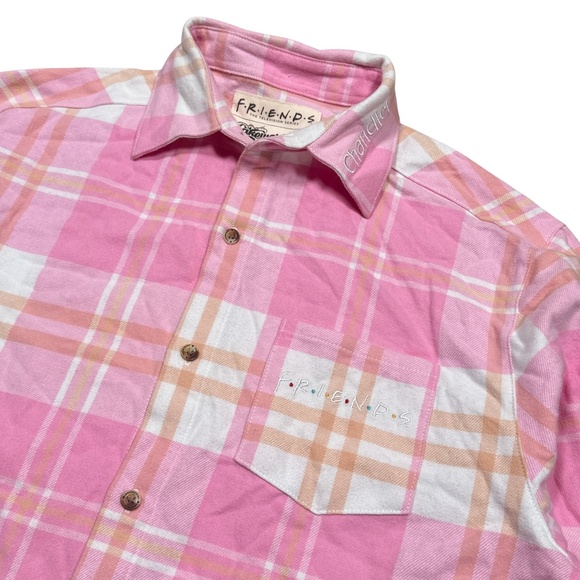 Cakeworthy x Friends Chandler Pink White Plaid Flannel Button Shirt Mens Medium - Picture 3 of 8